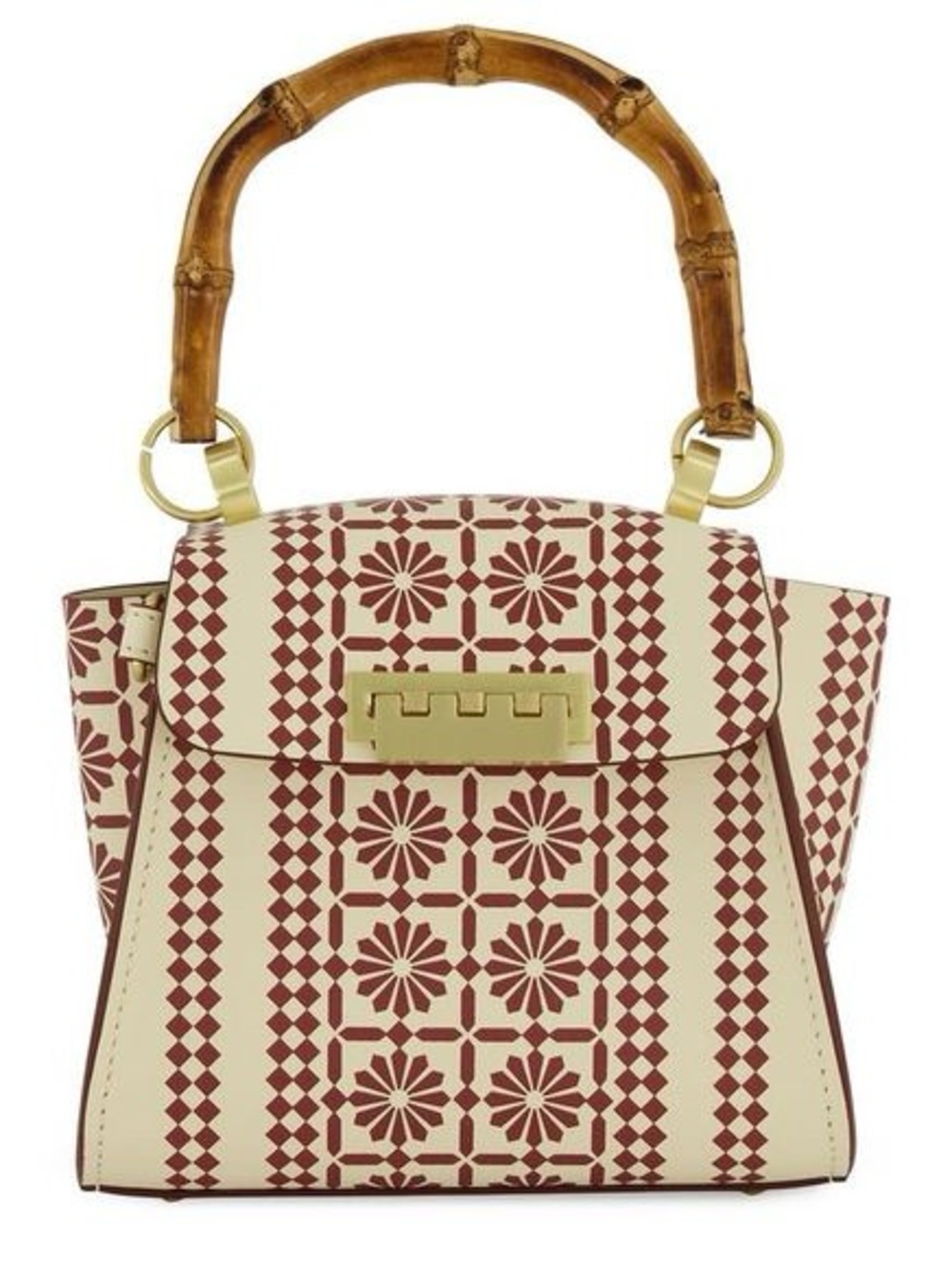 Zac Posen Cream & Brown Geometric Woven-Pattern Shoulder Bag with Bamboo Handle